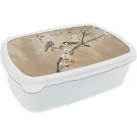 MuchoWow Broodtrommel Wit - Lunchbox Vogels - Bloesemtak - Bloemen - Oranje - Brooddoos 18x12x6 cm - Brood lunch box - Broodtrommels voor kinderen en volwassenen