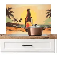 KitchenYeah Spatscherm keuken 80x55 cm - Kookplaat achterwand Bierfles - Zonsondergang - Palmbomen - Zee - Muurbeschermer - Spatwand fornuis - Hoogwaardig aluminium