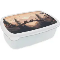 MuchoWow Broodtrommel Wit - Lunchbox Beren - Bomen - Landschap - Zonsondergang - Brooddoos 18x12x6 cm - Brood lunch box - Broodtrommels voor kinderen en volwassenen