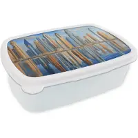 MuchoWow Broodtrommel Wit - Lunchbox Skyline - Wolkenkrabbers - Water - Blauw - Brooddoos 18x12x6 cm - Brood lunch box - Broodtrommels voor kinderen en volwassenen