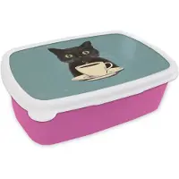 MuchoWow Broodtrommel Roze - Lunchbox Kat - Zwart - Koffie - Minimalistisch - Brooddoos 18x12x6 cm - Brood lunch box - Broodtrommels voor kinderen en volwassenen