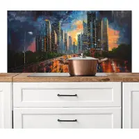 KitchenYeah Spatscherm keuken 120x60 cm - Kookplaat achterwand Auto - Skyline - Zon - Blauw - Muurbeschermer - Spatwand fornuis - Hoogwaardig aluminium