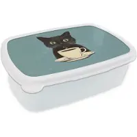 MuchoWow Broodtrommel Wit - Lunchbox Kat - Zwart - Koffie - Minimalistisch - Brooddoos 18x12x6 cm - Brood lunch box - Broodtrommels voor kinderen en volwassenen