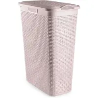 PlasticForte Smalle Wasmand met deksel Rotan - roze - gevlochten kunststof - 48 liter - 27 x 46 x 60 cm