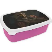 MuchoWow Broodtrommel Roze - Lunchbox Beer - Bruin - Pak - Hoed - Brooddoos 18x12x6 cm - Brood lunch box - Broodtrommels voor kinderen en volwassenen