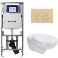 Geberit Adema Classico toiletset bestaande uit inbouwreservoir en toiletpot, basic toiletzitting en bedieningsplaat beige - ronde knoppen - wit SW1152613/SW1102365/0701131