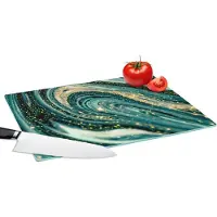 KitchenYeah Glazen Snijplank - 39x28 - Marmerlook - Luxe - Goud - Turquoise - Glitter - Snijplanken Glas