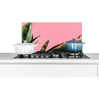 KitchenYeah Spatscherm keuken 60x30 cm - Kookplaat achterwand Planten - Bladeren - Vrouwentong - Roze - Tropisch - Muurbeschermer - Spatwand fornuis - Hoogwaardig aluminium