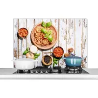 KitchenYeah Spatscherm keuken 100x65 cm - Kookplaat achterwand Pasta - Basilicum - Groente - Muurbeschermer - Spatwand fornuis - Hoogwaardig aluminium