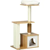 PawHut Kratzbaum, 114 cm hoch, Katzenbaum, mehrstöckiger Kletterbaum mit Katzenbett, Katzenhöhle, Katzenmöbel mit Kitzelsäule, Katzenkratzbaum für Katzen bis 5 kg, Eiche