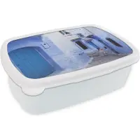 MuchoWow Broodtrommel Wit - Lunchbox - Brooddoos - Straat - Blauw - Deuren - Huizen - 18x12x6 cm - Volwassenen