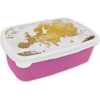 MuchoWow Broodtrommel Roze - Lunchbox - Brooddoos - Wereldkaarten - Europa - Goud - 18x12x6 cm - Kinderen - Meisje