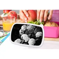 MuchoWow Broodtrommel Roze - Lunchbox - Brooddoos - Bloemen - Zwart wit - Natuur - Planten - Rozen - 18x12x6 cm - Kinderen - Meisje
