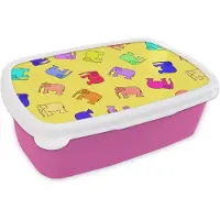 MuchoWow Broodtrommel Roze - Lunchbox - Brooddoos - Olifant - Geel - Patronen - 18x12x6 cm - Kinderen - Meisje