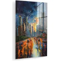 MuchoWow Glasschilderij 120x180 cm - Schilderij acrylglas - Auto - Skyline - Zon - Blauw - Foto op glas - Muurdecoratie woonkamer - Wanddecoratie slaapkamer - Schilderijen