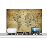 KitchenYeah Spatscherm keuken 100x65 cm - Kookplaat achterwand Wereldkaart - Vintage - Antiek - Bruin - Papier - Muurbeschermer - Spatwand fornuis - Hoogwaardig aluminium