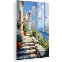 MuchoWow Glasschilderij 120x180 cm - Schilderij acrylglas - Trap - Huizen - Berglandschap - Zee - Foto op glas - Muurdecoratie woonkamer - Wanddecoratie slaapkamer - Schilderijen