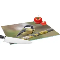 KitchenYeah Glazen Snijplank - 39x28 - Een koolmees op een tak met mos - Snijplanken Glas
