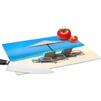 KitchenYeah Glazen Snijplank - 39x28 - Strandstoel - Parasol - Zomer - Zee - Snijplanken Glas