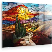 MuchoWow Glasschilderij 160x120 cm - Schilderij acrylglas - Mozaïek - Zon - Landschap - Dorp - Foto op glas - Muurdecoratie woonkamer - Wanddecoratie slaapkamer - Schilderijen