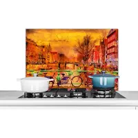 KitchenYeah Spatscherm keuken 80x55 cm - Kookplaat achterwand Schilderij - Fiets - Amsterdam - Gracht - Olieverf - Muurbeschermer - Spatwand fornuis - Hoogwaardig aluminium