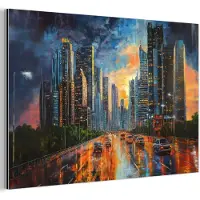 MuchoWow Aluminium schilderij 30x20 cm - Wanddecoratie metaal - Auto - Skyline - Zon - Blauw - Metalen muurdecoratie woonkamer - Decoratie industrieel - Foto op dibond - Industriële accessoires slaapkamer