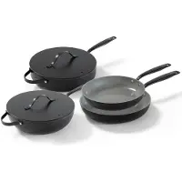 BE Living 4-delige Pannenset - Ø 24 & 28 cm Koekenpan + Ø 30 cm Wokpan + Ø 28 cm Hapjespan - Bakpan - Keramisch - PFAS Vrij Anti Aanbak - Inductie Pannen - Zwart - Essential Series