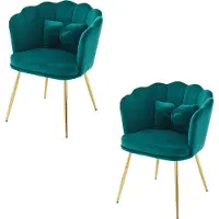 Merax Set van 2 Moderne Fluwelen Stoelen met Bloemblad Rugleuning en Vergulde Metalen Poten – Groen met Goud