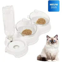 Pitt & co. Dubbele Voerbak Kat – Automatische Waterdispenser – Katten voerbak – Voerbak Kat Dubbel - 2 katten – Ergonomisch - Eetbak kat dubbel - drinkbak kat - Wit