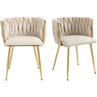 Merax Velvet Eetkamerstoelen Set van 2 – Luxe Stoelen met Gouden Metalen Poten en Handgeweven Rugleuning – Beige