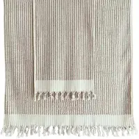 Lalay PomPom handdoek Taupe-Naturel gestreept | Luxe bad- & stranddoek | 100x180 cm | Dikke kwaliteit | 100% Turks katoen
