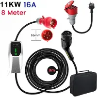 Junsun Draagbare 3.68/11kW 16A 1/3-Fase EV Laadkabel - Type 2 Laadpaal , 5M Kabel + LCD Scherm & Opbergtas - 6A/8A/10A/13A/16A Schakelbaar - IEC62196-2 & IP67 & 8M