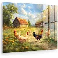 MuchoWow Glasschilderij 80x60 cm - Schilderij acrylglas - Kippen - Landelijke rust - Natuur - Foto op glas - Muurdecoratie woonkamer - Wanddecoratie slaapkamer - Schilderijen