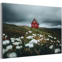 MuchoWow Aluminium schilderij 120x80 cm - Wanddecoratie metaal - Heuvel - Huisje - Bloemen - Wit - Metalen muurdecoratie woonkamer - Decoratie industrieel - Foto op dibond - Industriële accessoires slaapkamer
