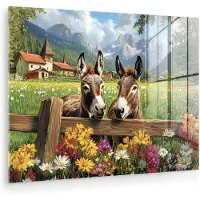 MuchoWow Glasschilderij 160x120 cm - Schilderij acrylglas - Ezels - Bloemen - Zomers - Foto op glas - Muurdecoratie woonkamer - Wanddecoratie slaapkamer - Schilderijen