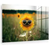 MuchoWow Glasschilderij 180x120 cm - Schilderij acrylglas - Zonnebloem - Veld - Zonnebril - Foto op glas - Muurdecoratie woonkamer - Wanddecoratie slaapkamer - Schilderijen