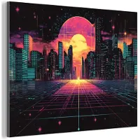 MuchoWow Aluminium schilderij 160x120 cm - Wanddecoratie metaal - Stad - Gebouwen - Zon - Geel - Metalen muurdecoratie woonkamer - Decoratie industrieel - Foto op dibond - Industriële accessoires slaapkamer