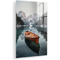 MuchoWow Glasschilderij 120x180 cm - Schilderij acrylglas - Boot - Bergen - Natuur - Water - Foto op glas - Muurdecoratie woonkamer - Wanddecoratie slaapkamer - Schilderijen