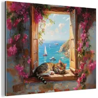 MuchoWow Aluminium schilderij 160x120 cm - Wanddecoratie metaal - Kat - Blauwe zee - Roze bloemen - Metalen muurdecoratie woonkamer - Decoratie industrieel - Foto op dibond - Industriële accessoires slaapkamer