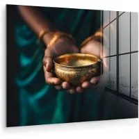 MuchoWow Glasschilderij 160x120 cm - Schilderij acrylglas - Goud - Kom - Blauw - Foto op glas - Muurdecoratie woonkamer - Wanddecoratie slaapkamer - Schilderijen