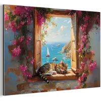 MuchoWow Aluminium schilderij 180x120 cm - Wanddecoratie metaal - Kat - Blauwe zee - Roze bloemen - Metalen muurdecoratie woonkamer - Decoratie industrieel - Foto op dibond - Industriële accessoires slaapkamer