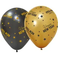 We Fiesta 18 ballonnen 12" 3 met goud / 3 zwart - Happy New Year - Golden Celebrations