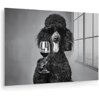 MuchoWow Glasschilderij 180x120 cm - Schilderij acrylglas - Hond - Krullen - Zonnebril - Wijn - Foto op glas - Muurdecoratie woonkamer - Wanddecoratie slaapkamer - Schilderijen