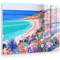 MuchoWow Glasschilderij 160x120 cm - Schilderij acrylglas - Bloemenweide - Zee - Zomers - Foto op glas - Muurdecoratie woonkamer - Wanddecoratie slaapkamer - Schilderijen