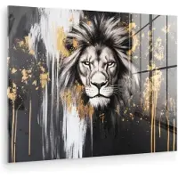 MuchoWow Glasschilderij 160x120 cm - Schilderij acrylglas - Leeuw - Portret - Verfspatten - Grijs - Foto op glas - Muurdecoratie woonkamer - Wanddecoratie slaapkamer - Schilderijen