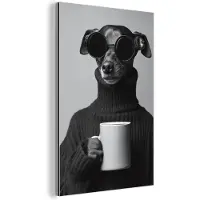 MuchoWow Aluminium schilderij 120x180 cm - Wanddecoratie metaal - Coltrui - Hond - Bril - Mok - Metalen muurdecoratie woonkamer - Decoratie industrieel - Foto op dibond - Industriële accessoires slaapkamer