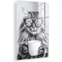 MuchoWow Glasschilderij 120x180 cm - Schilderij acrylglas - Kat - Bril - Mok - Pluizig - Foto op glas - Muurdecoratie woonkamer - Wanddecoratie slaapkamer - Schilderijen