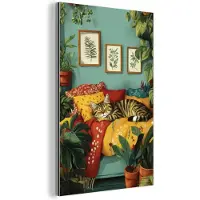 MuchoWow Aluminium schilderij 20x30 cm - Wanddecoratie metaal - Kat - Planten - Groen - Metalen muurdecoratie woonkamer - Decoratie industrieel - Foto op dibond - Industriële accessoires slaapkamer