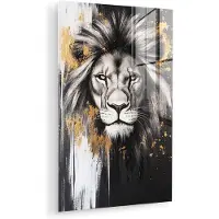 MuchoWow Glasschilderij 120x180 cm - Schilderij acrylglas - Leeuw - Portret - Verfspatten - Grijs - Foto op glas - Muurdecoratie woonkamer - Wanddecoratie slaapkamer - Schilderijen