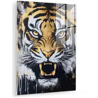 MuchoWow Glasschilderij 120x160 cm - Schilderij acrylglas - Tijger - Verfspatten - Goud - Foto op glas - Muurdecoratie woonkamer - Wanddecoratie slaapkamer - Schilderijen